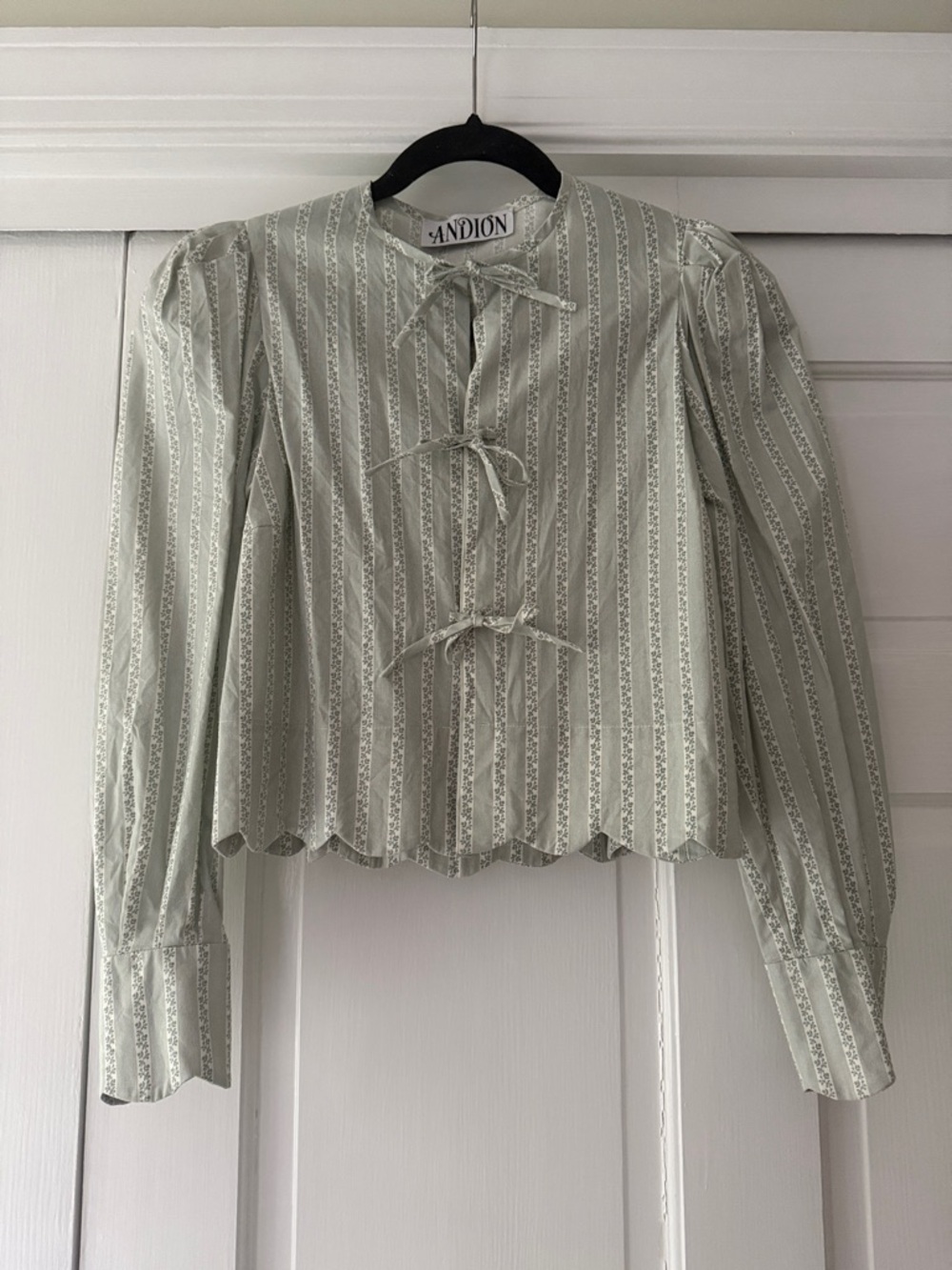 Andion Sage Green Striped Tie-Front Blouse